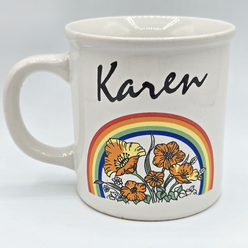 Vtg Floral Karen Coffee Mug Cup 1980s Clay In My Mind 1983 Flowers Happy